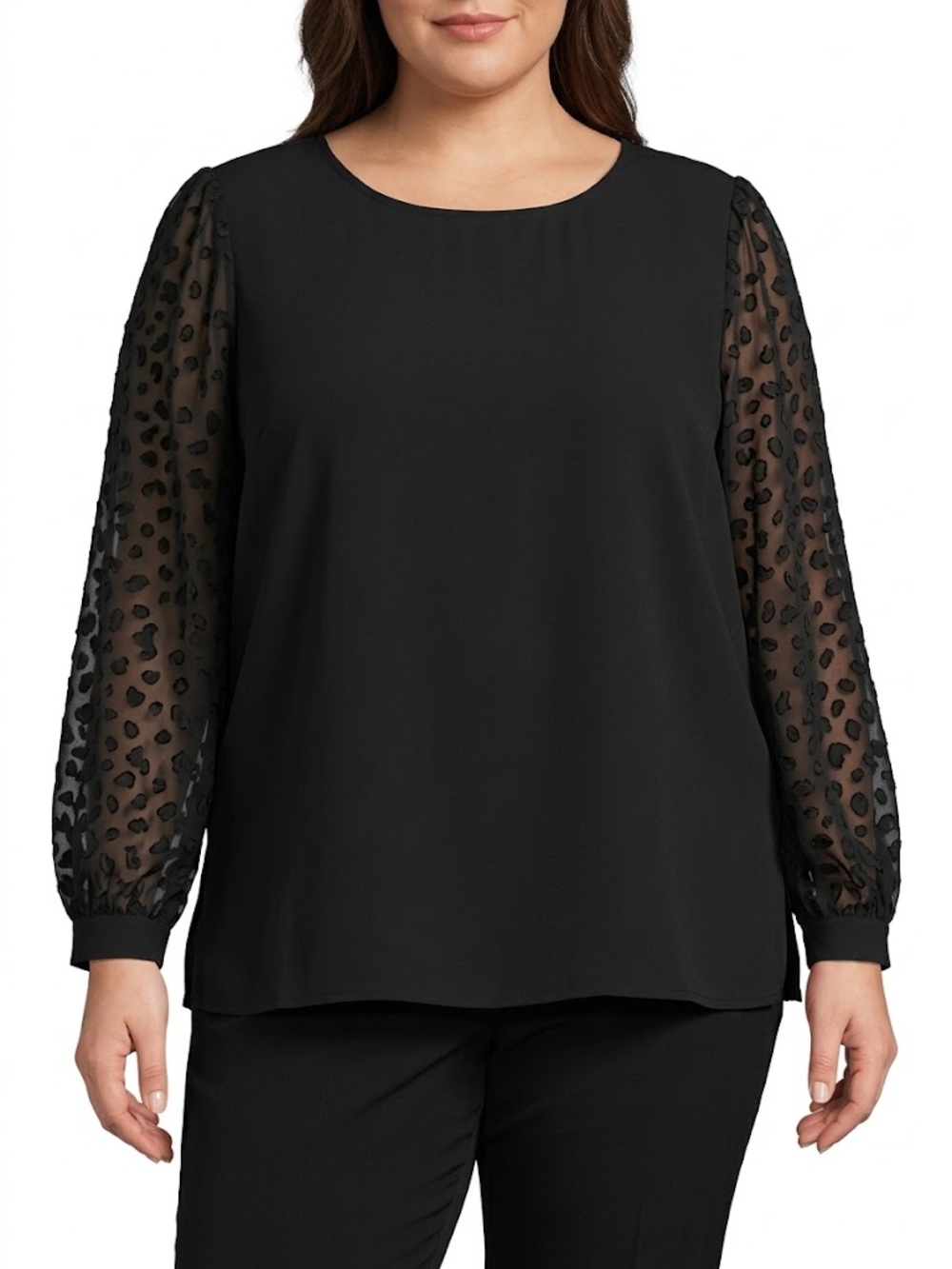 Adrianna Papell NWT Black Crew Neck Top Sheer Burnout Swiss Dot Long Sleeves 1X